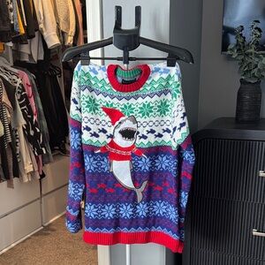 Men's Holiday Shark Fair Isle Sweater - Blue/Red/Green